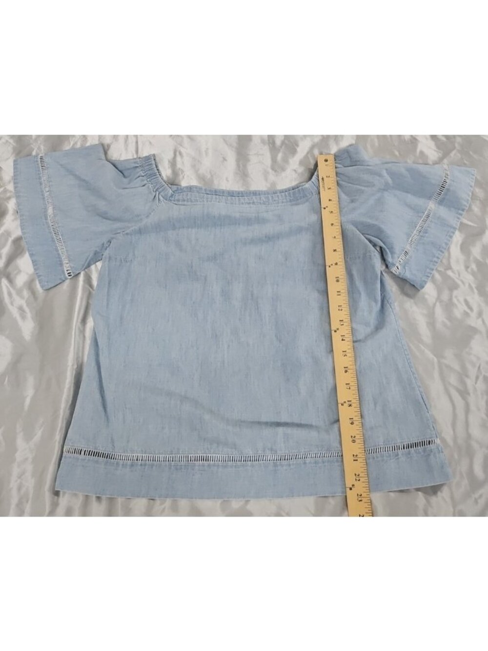 Lauren Ralph Lauren Blue Chambray Off Shoulder Flutter Sleeve Top Womens Medium - Picture 4 of 14